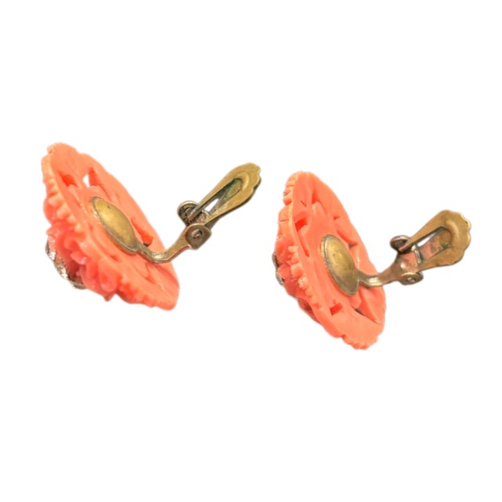 Vintage Earrings Clip On Coral Celluloid Flower Victorian MCM Vintage Jewelry - Picture 6 of 15